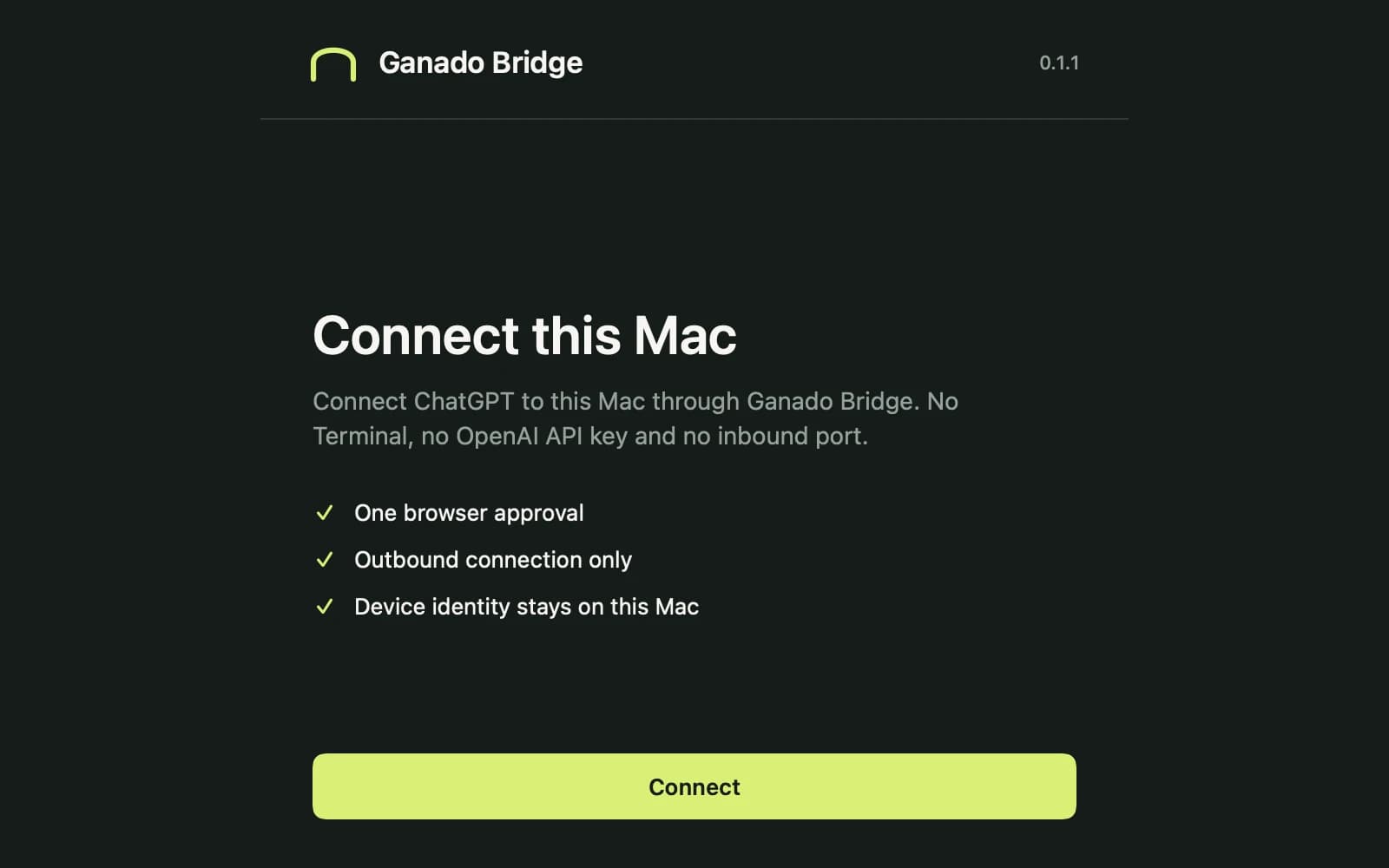 Nativní připojovací obrazovka Ganado Bridge, technická ukázka