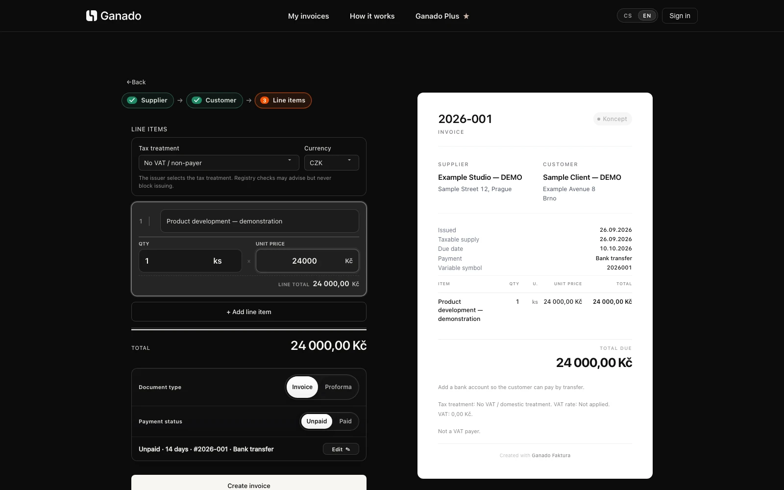Editor Ganado Faktura s ukázkovou fakturou Example Studio